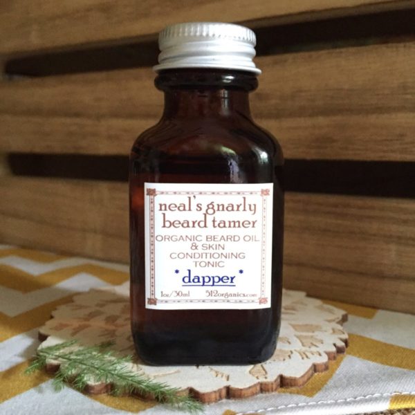 512organics bottle of Neal's Gnarly Beard Tamer beard oil with essential oils Dapper