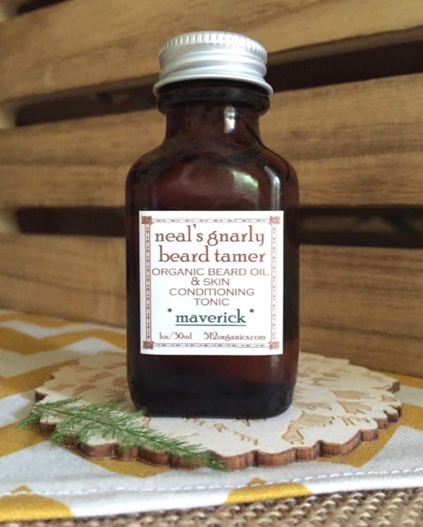 512organics bottle of Neal's Gnarly Beard Tamer beard oil with essential oils Maverick