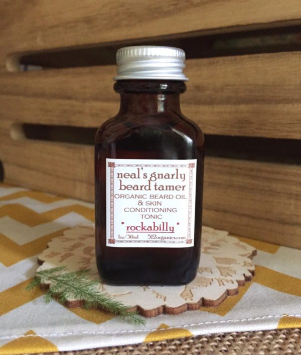 512organics bottle of Neal's Gnarly Beard Tamer beard oil with essential oils Rockabilly
